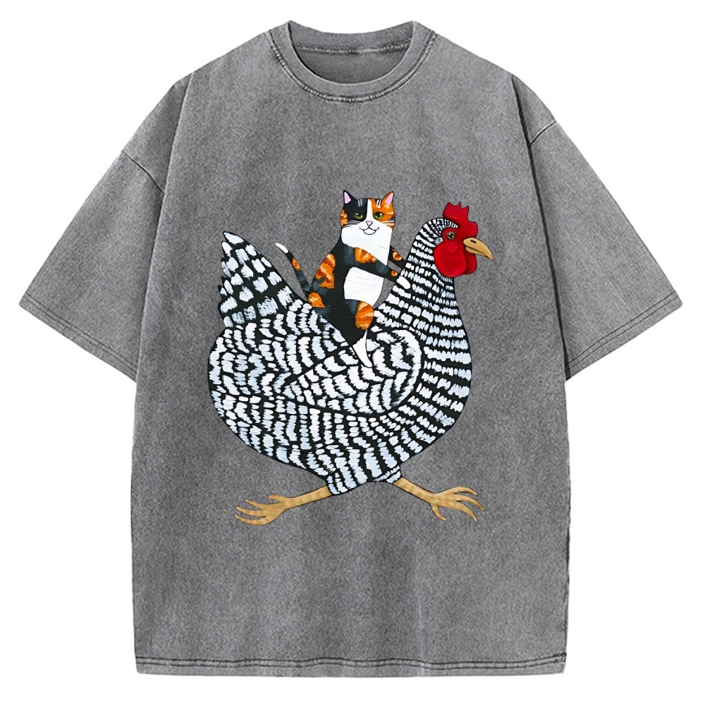 Japanese Calico Cat Chicken Ride Vintage Washed T-shirt