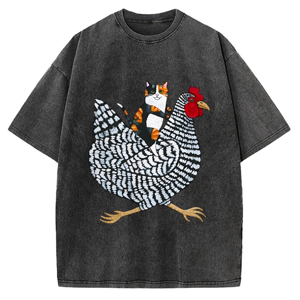 Japanese Calico Cat Chicken Ride Vintage Washed T-shirt