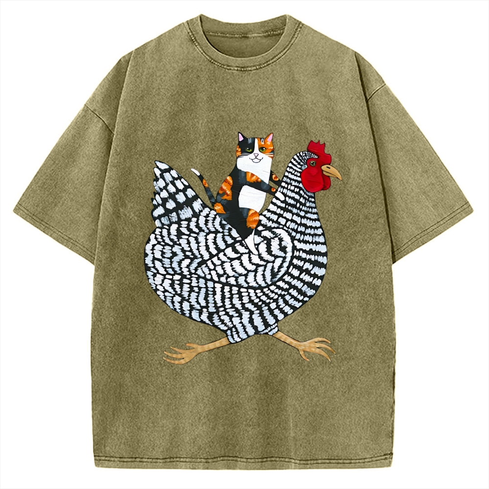 Japanese Calico Cat Chicken Ride Vintage Washed T-shirt