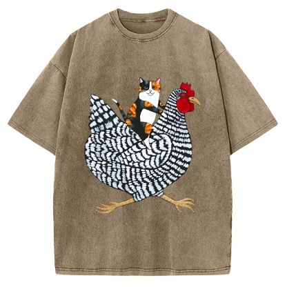 Japanese Calico Cat Chicken Ride Vintage Washed T-shirt