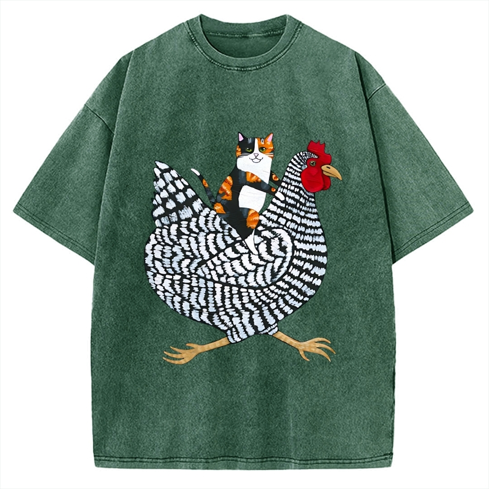 Japanese Calico Cat Chicken Ride Vintage Washed T-shirt