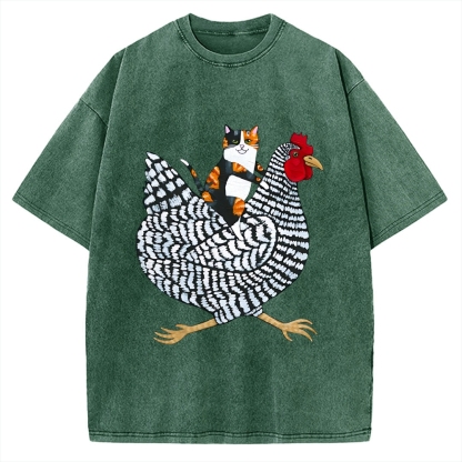 Japanese Calico Cat Chicken Ride Vintage Washed T-shirt