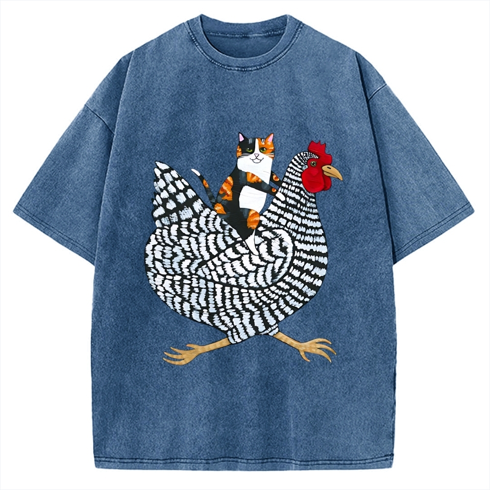 Japanese Calico Cat Chicken Ride Vintage Washed T-shirt