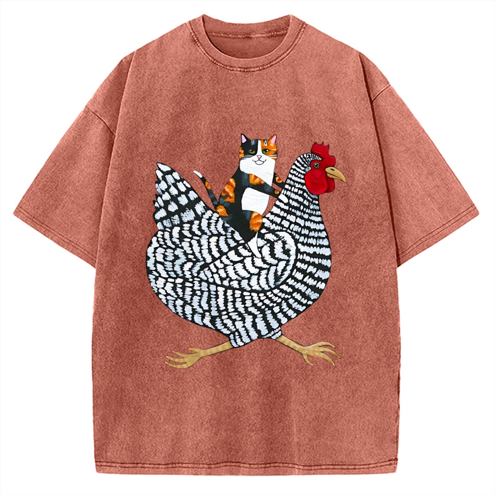 Japanese Calico Cat Chicken Ride Vintage Washed T-shirt