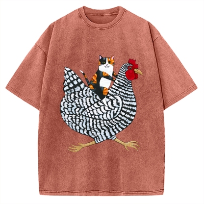 Japanese Calico Cat Chicken Ride Vintage Washed T-shirt