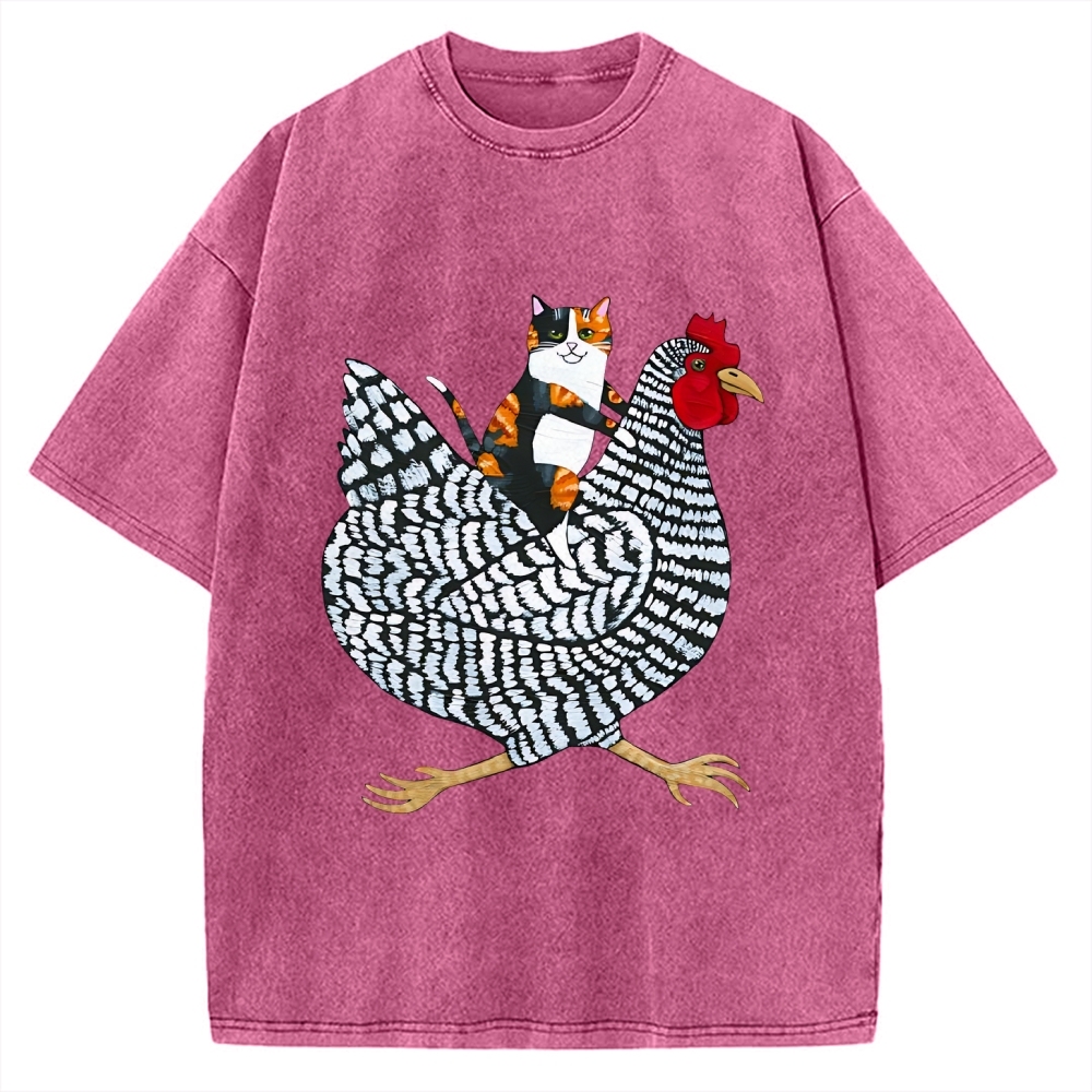 Japanese Calico Cat Chicken Ride Vintage Washed T-shirt