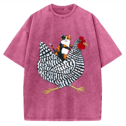 Japanese Calico Cat Chicken Ride Vintage Washed T-shirt
