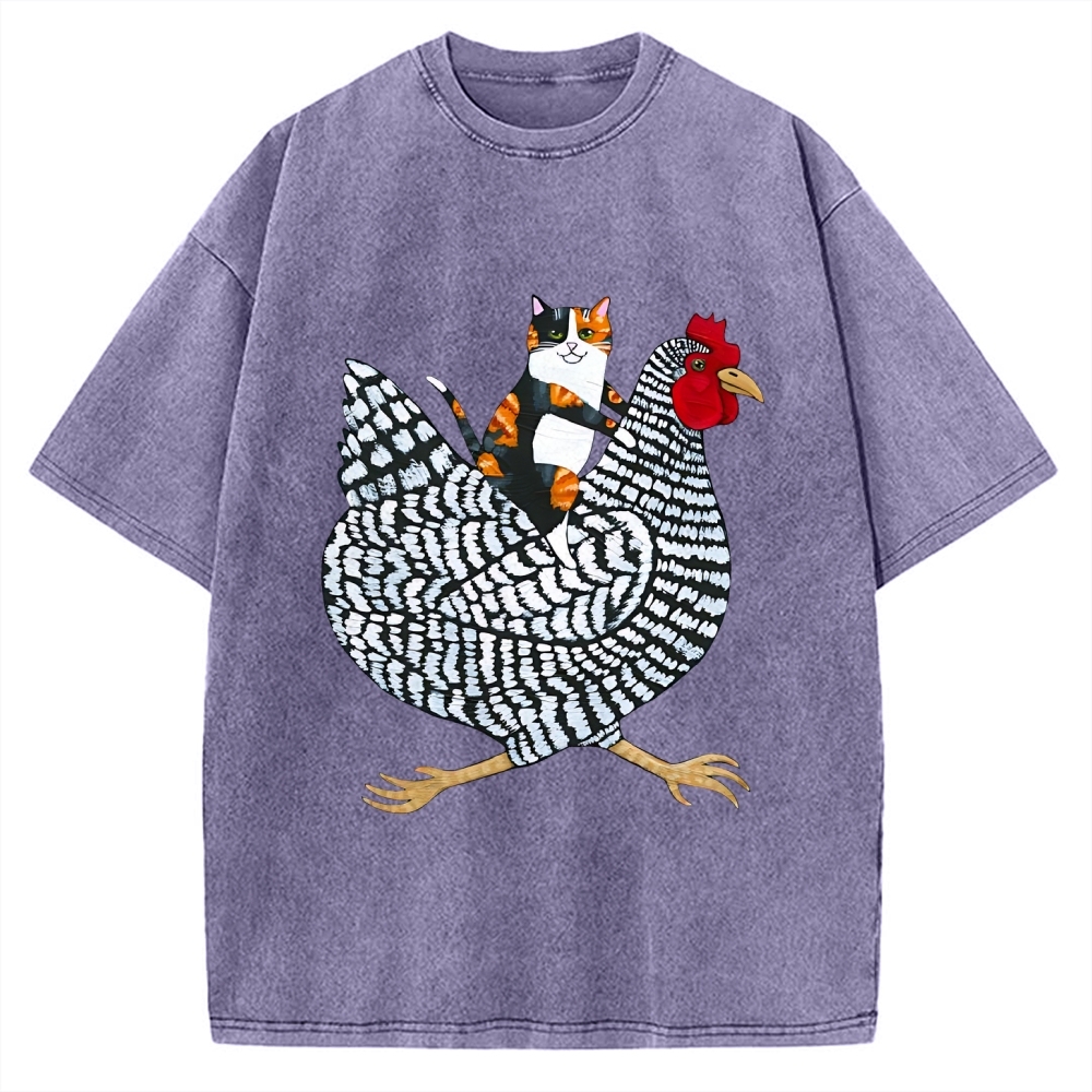Japanese Calico Cat Chicken Ride Vintage Washed T-shirt