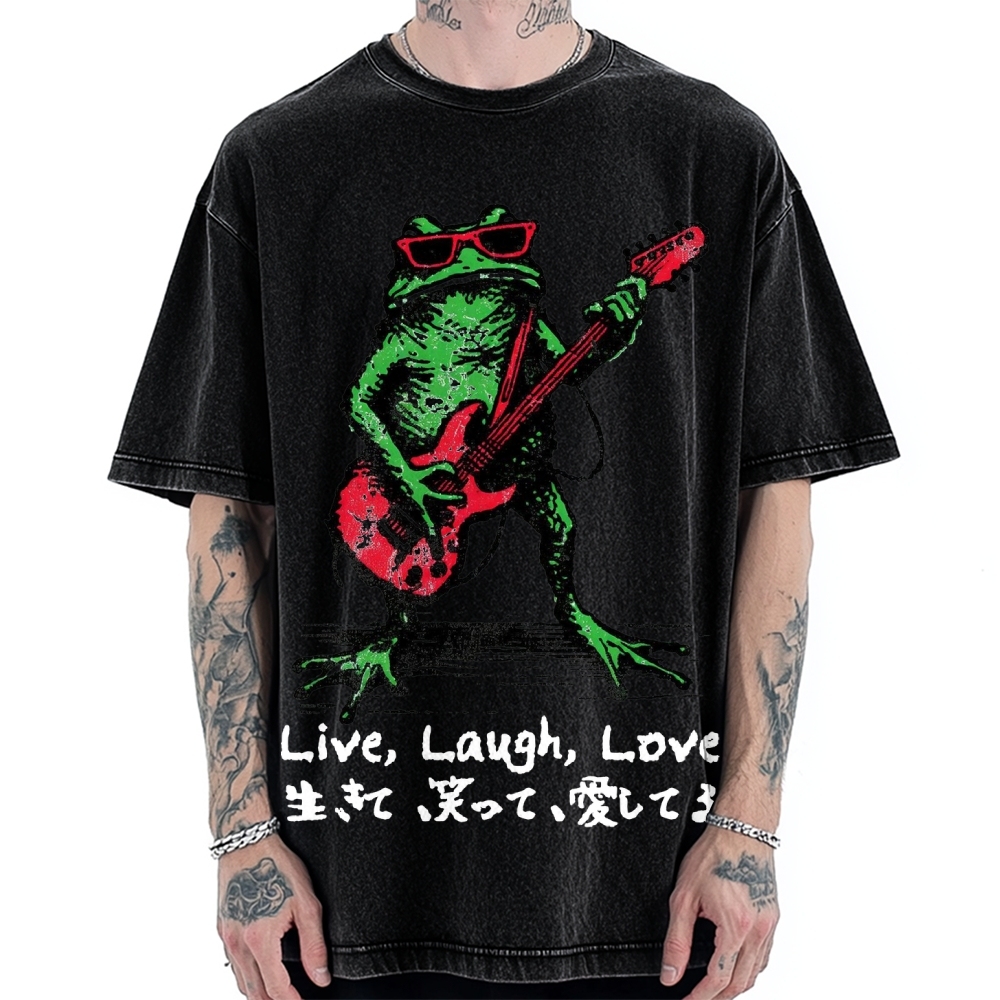 Frog Playing Guitar Funny Vintage Washed T-shirt