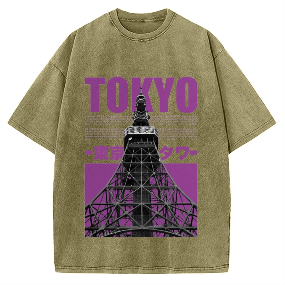 Tokyo Tower Japanese Landmark Buildings landscape Vintage Washed T-shirt