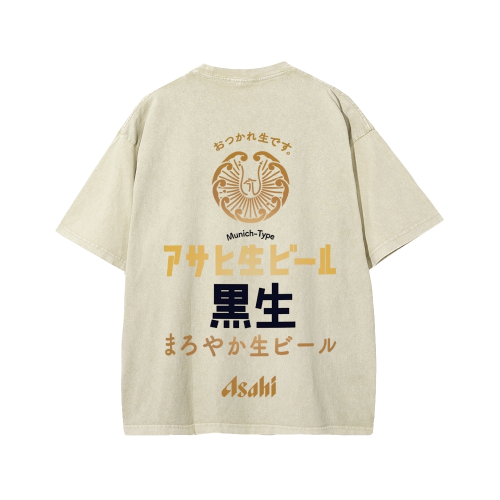 Asahi Kuro Nama Black Draft Beer Front And Back Printing Washed T-shirt