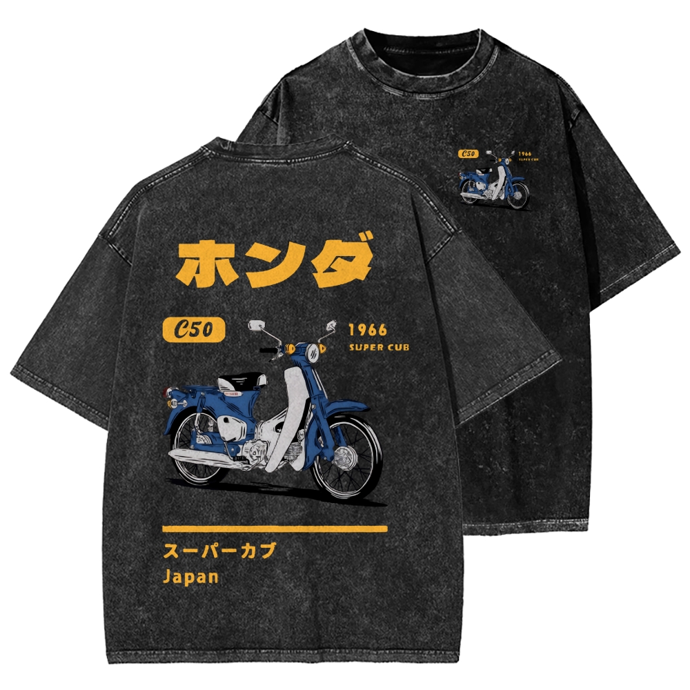 Honda C50 Super Cub Motorcycle Front And Back Printing Washed T-shirt