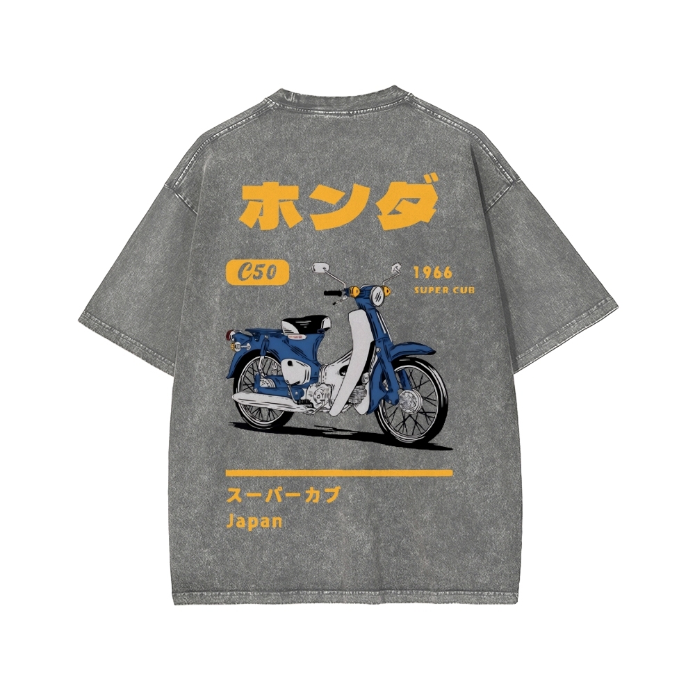 Honda C50 Super Cub Motorcycle Front And Back Printing Washed T-shirt