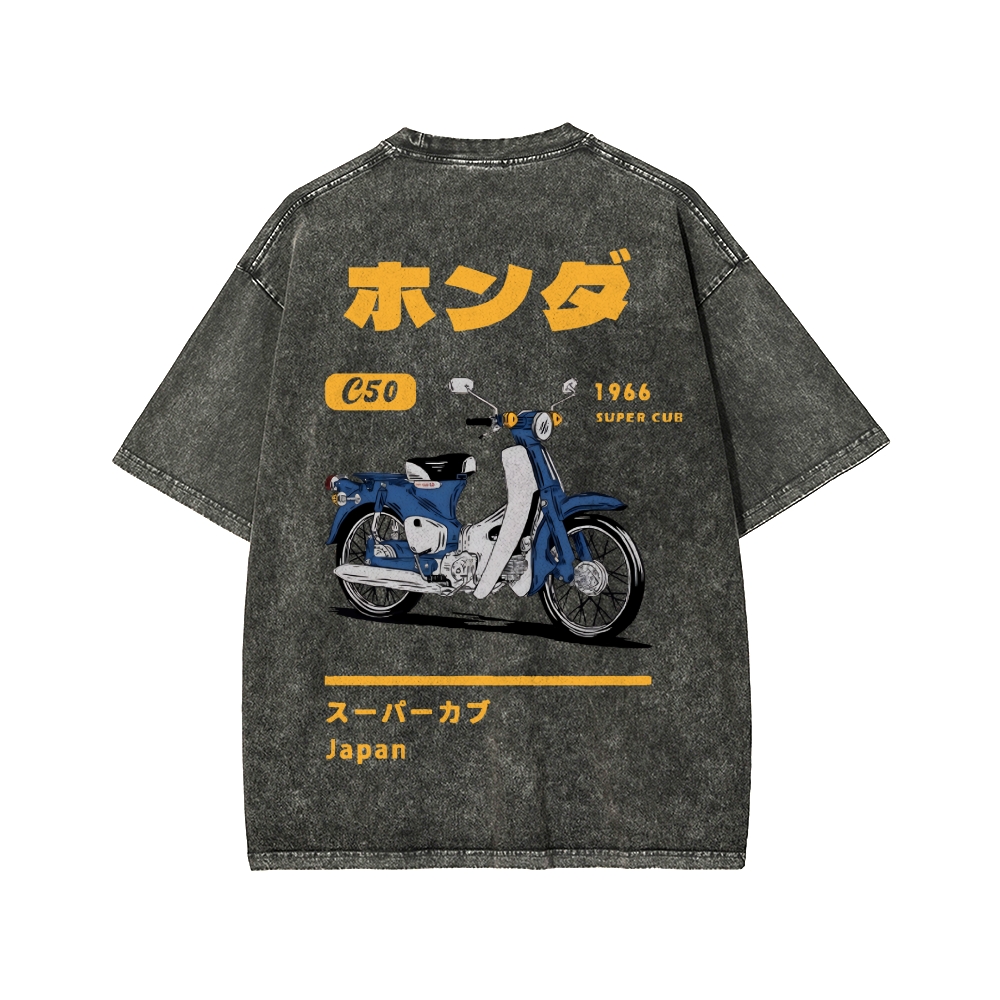 Honda C50 Super Cub Motorcycle Front And Back Printing Washed T-shirt
