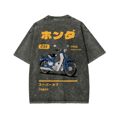 Honda C50 Super Cub Motorcycle Front And Back Printing Washed T-shirt