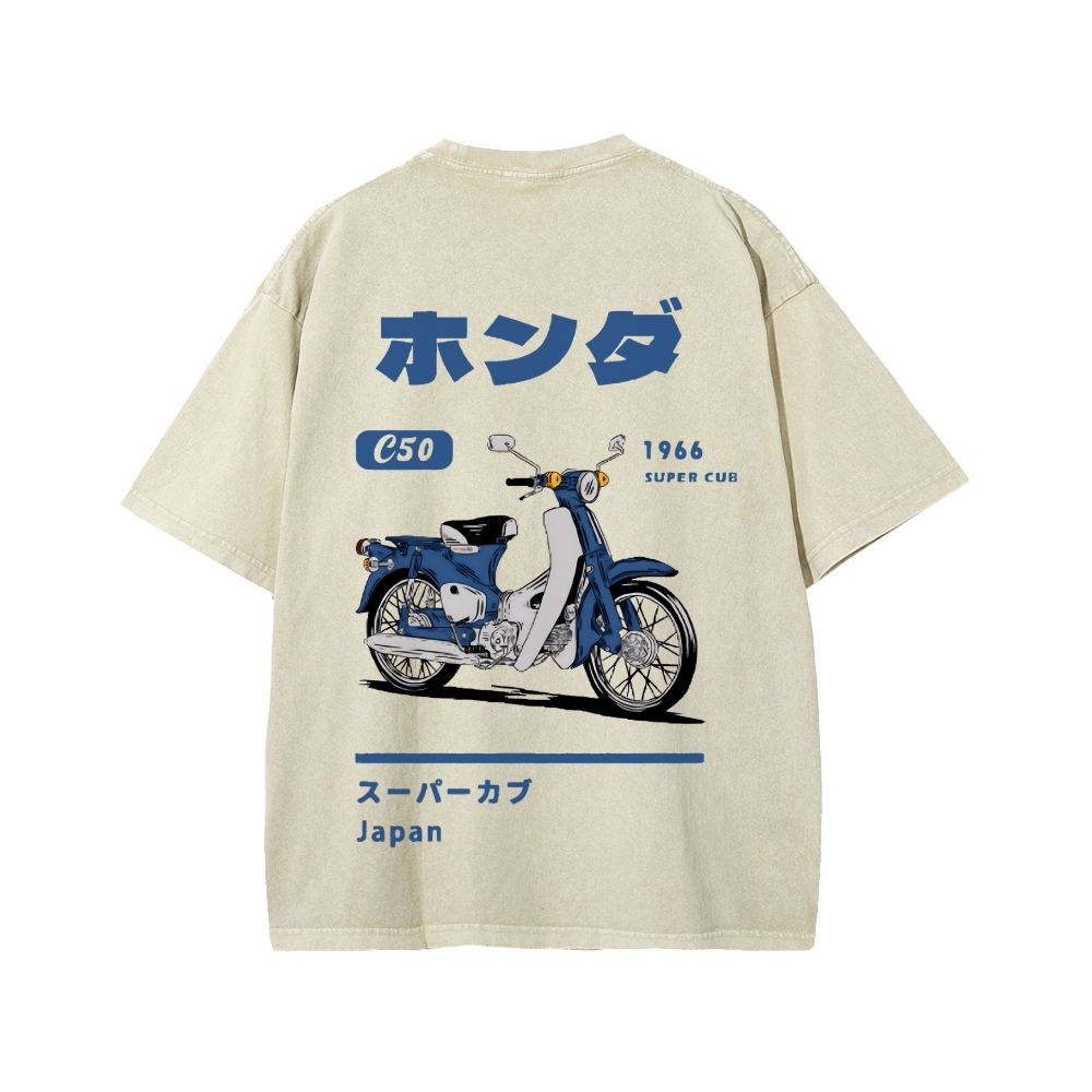 Honda C50 Super Cub Motorcycle Front And Back Printing Washed T-shirt