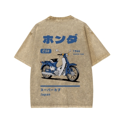 Honda C50 Super Cub Motorcycle Front And Back Printing Washed T-shirt