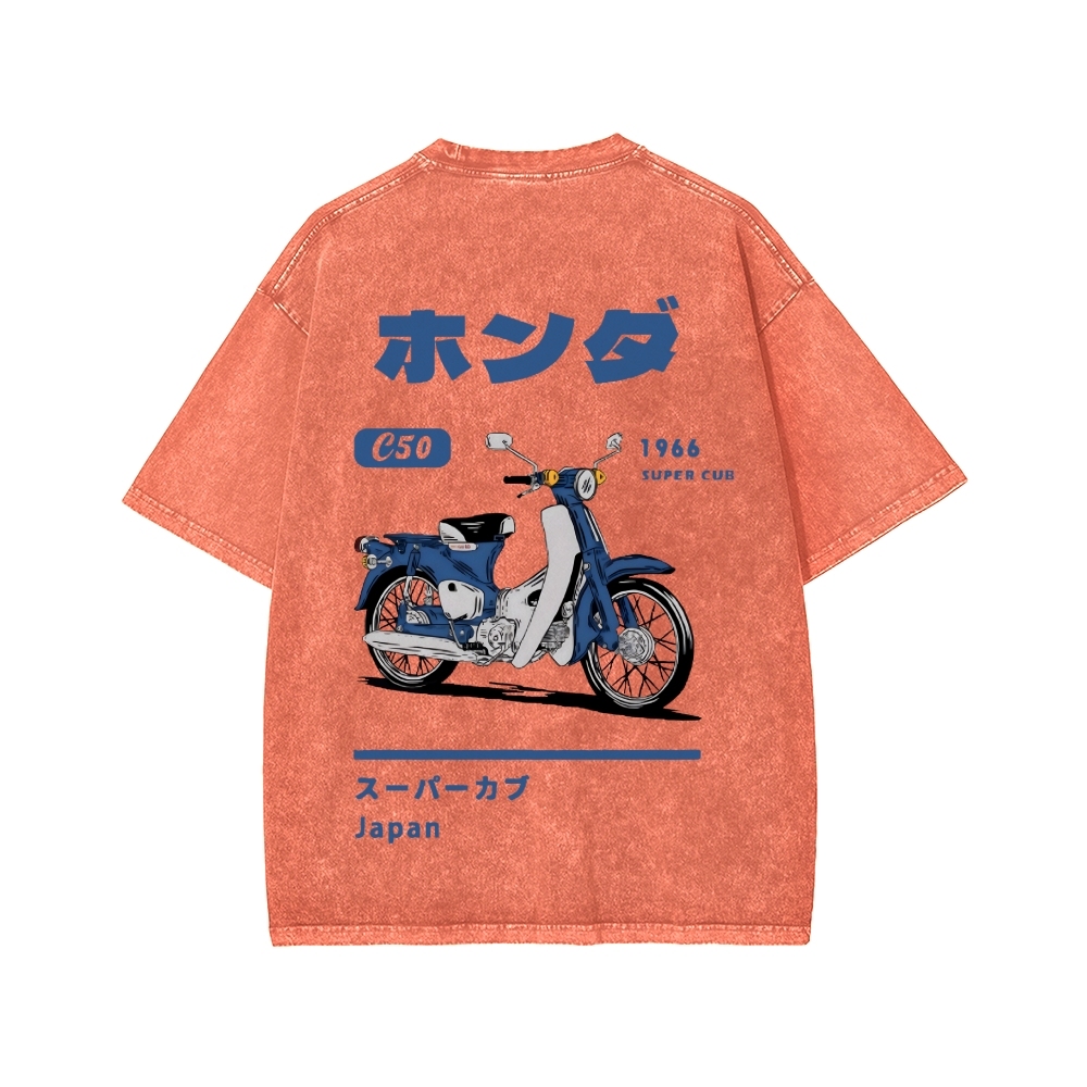 Honda C50 Super Cub Motorcycle Front And Back Printing Washed T-shirt