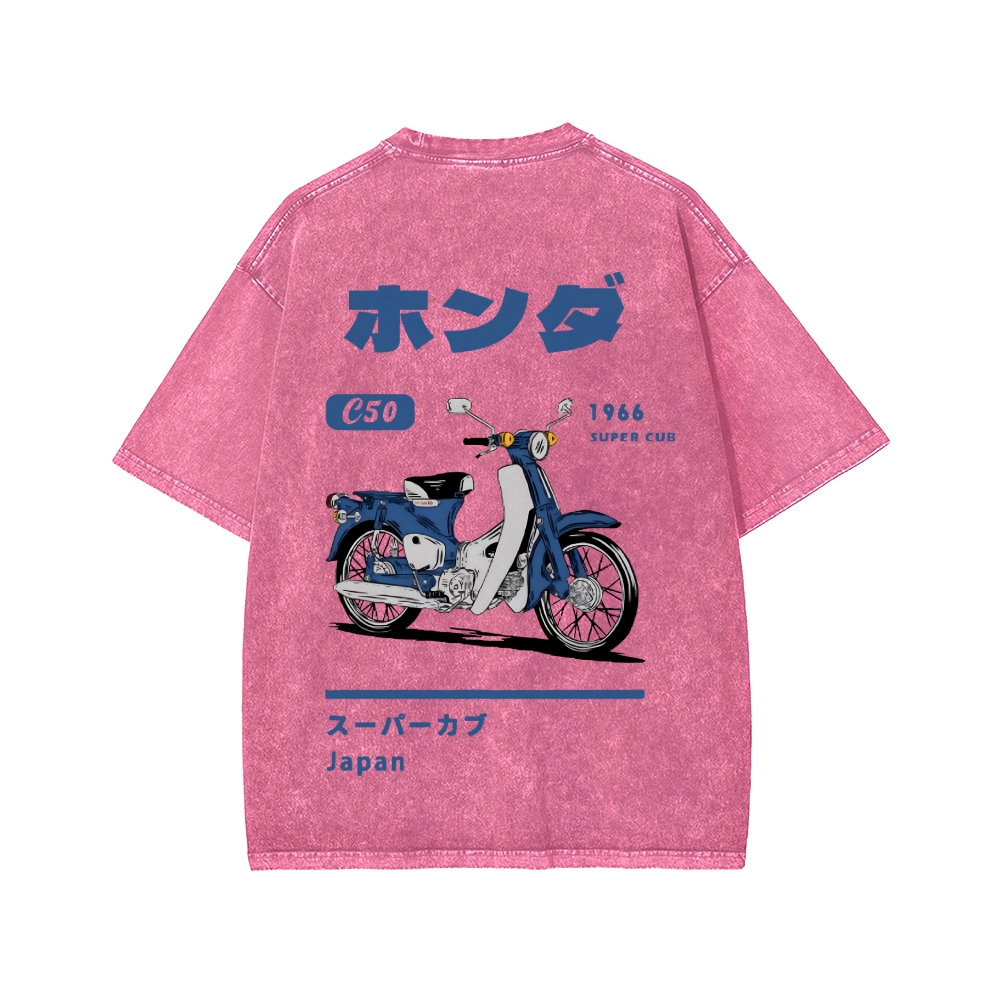Honda C50 Super Cub Motorcycle Front And Back Printing Washed T-shirt