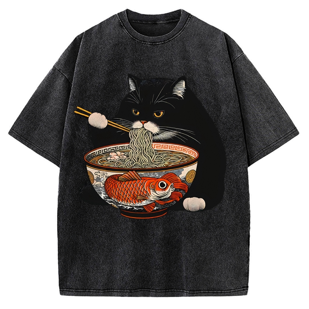 Fat Cat Eating Ramen Vintage Washed T-shirt