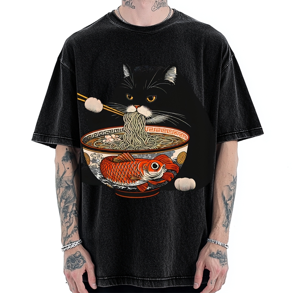 Fat Cat Eating Ramen Vintage Washed T-shirt