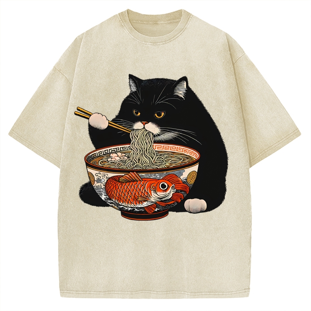 Fat Cat Eating Ramen Vintage Washed T-shirt