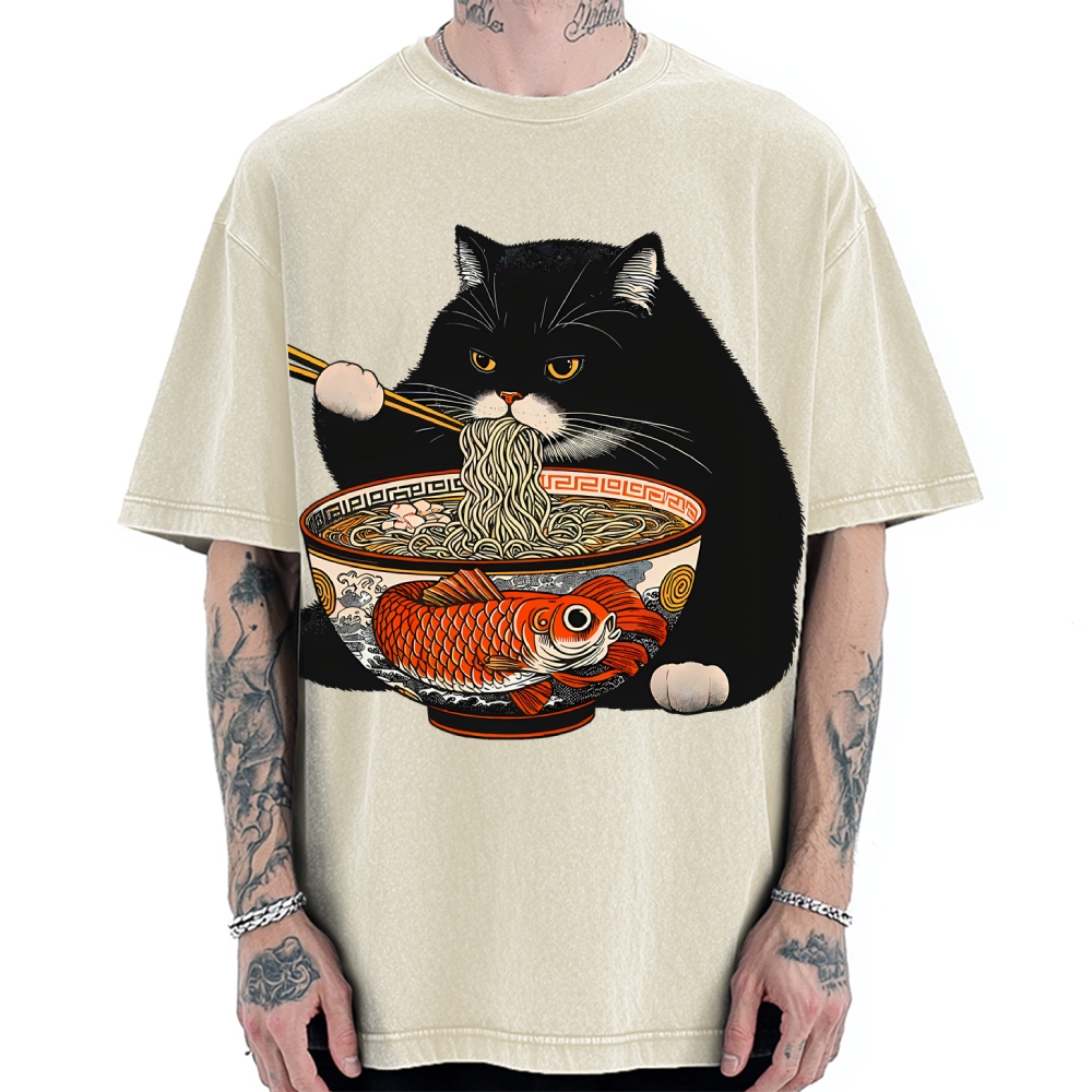 Fat Cat Eating Ramen Vintage Washed T-shirt