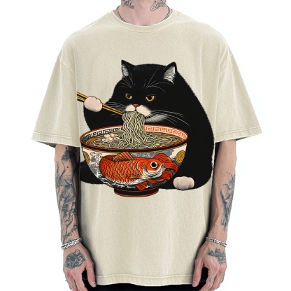 Fat Cat Eating Ramen Vintage Washed T-shirt