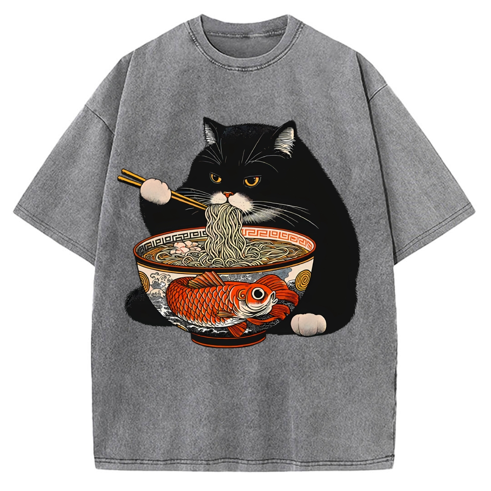 Fat Cat Eating Ramen Vintage Washed T-shirt