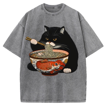 Fat Cat Eating Ramen Vintage Washed T-shirt