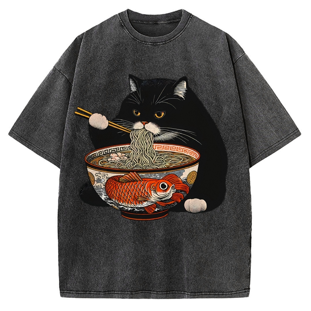 Fat Cat Eating Ramen Vintage Washed T-shirt