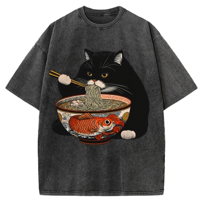 Fat Cat Eating Ramen Vintage Washed T-shirt
