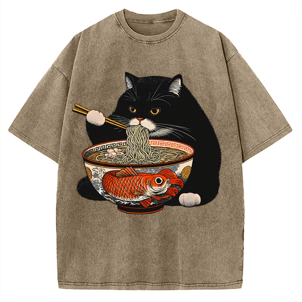 Fat Cat Eating Ramen Vintage Washed T-shirt