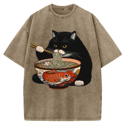 Fat Cat Eating Ramen Vintage Washed T-shirt
