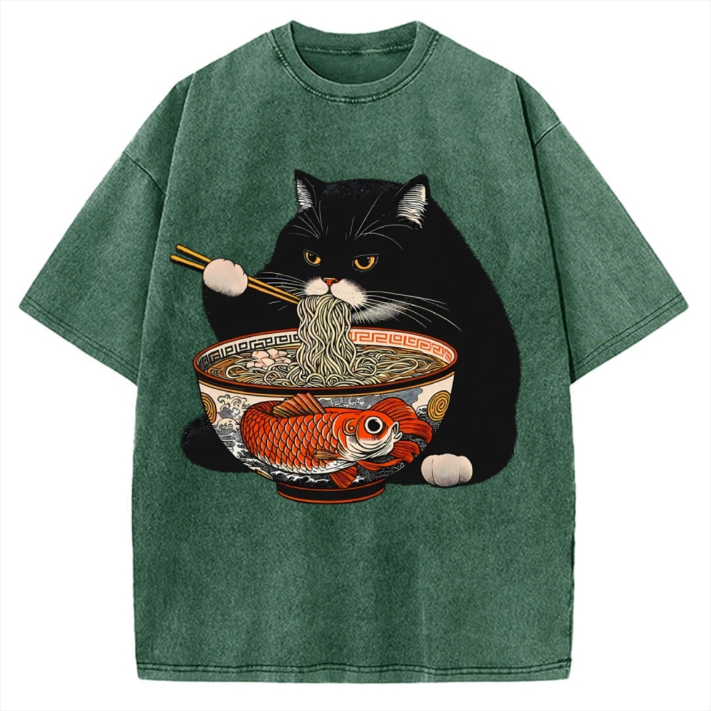 Fat Cat Eating Ramen Vintage Washed T-shirt