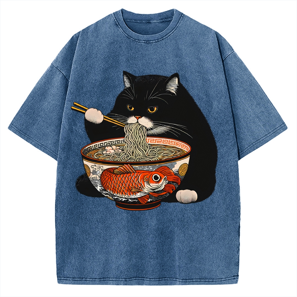 Fat Cat Eating Ramen Vintage Washed T-shirt