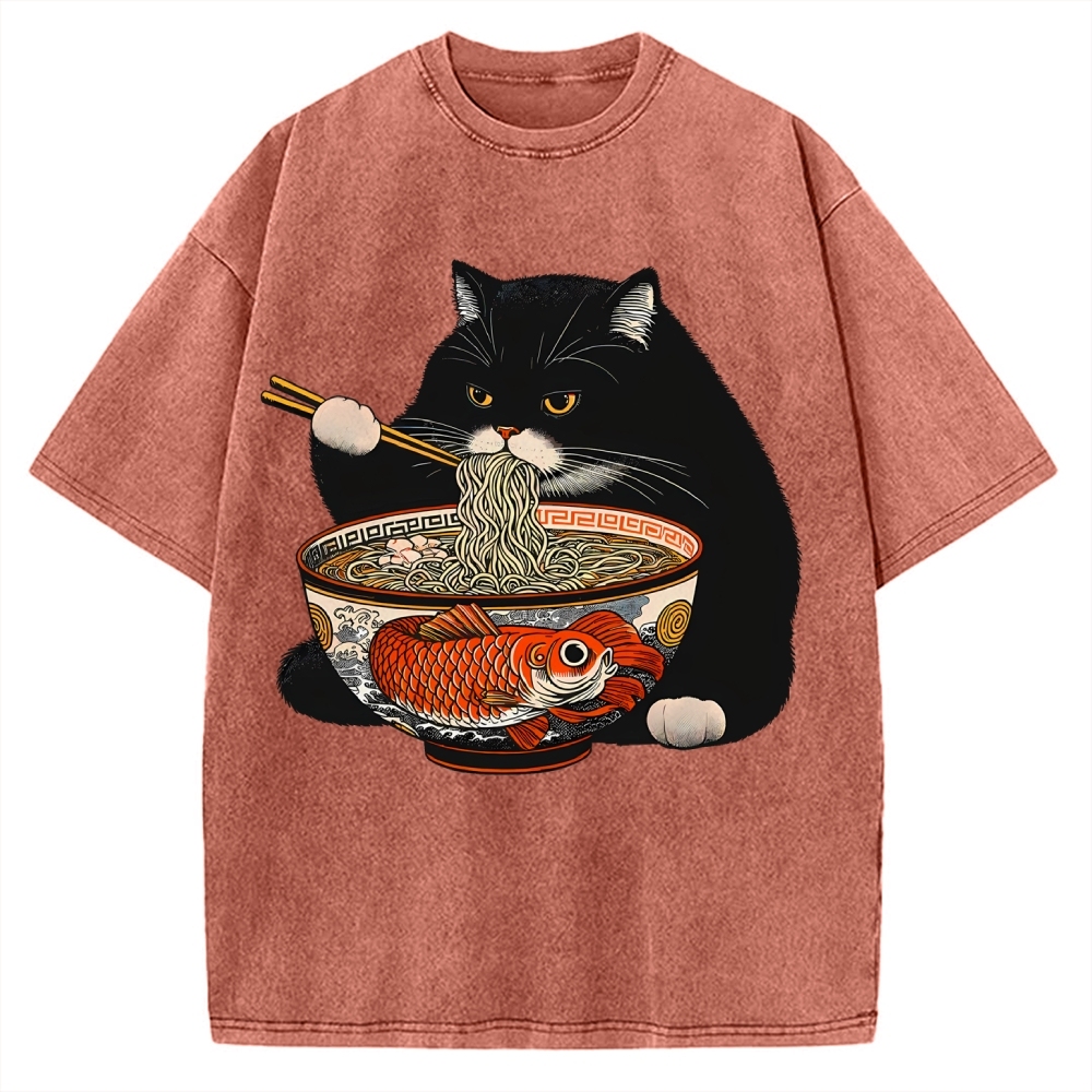 Fat Cat Eating Ramen Vintage Washed T-shirt