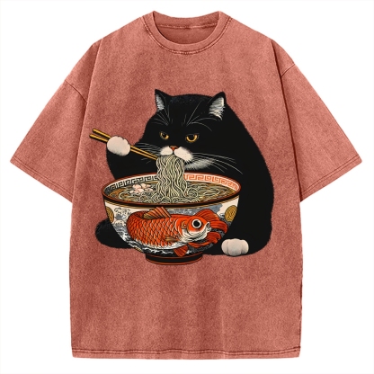 Fat Cat Eating Ramen Vintage Washed T-shirt