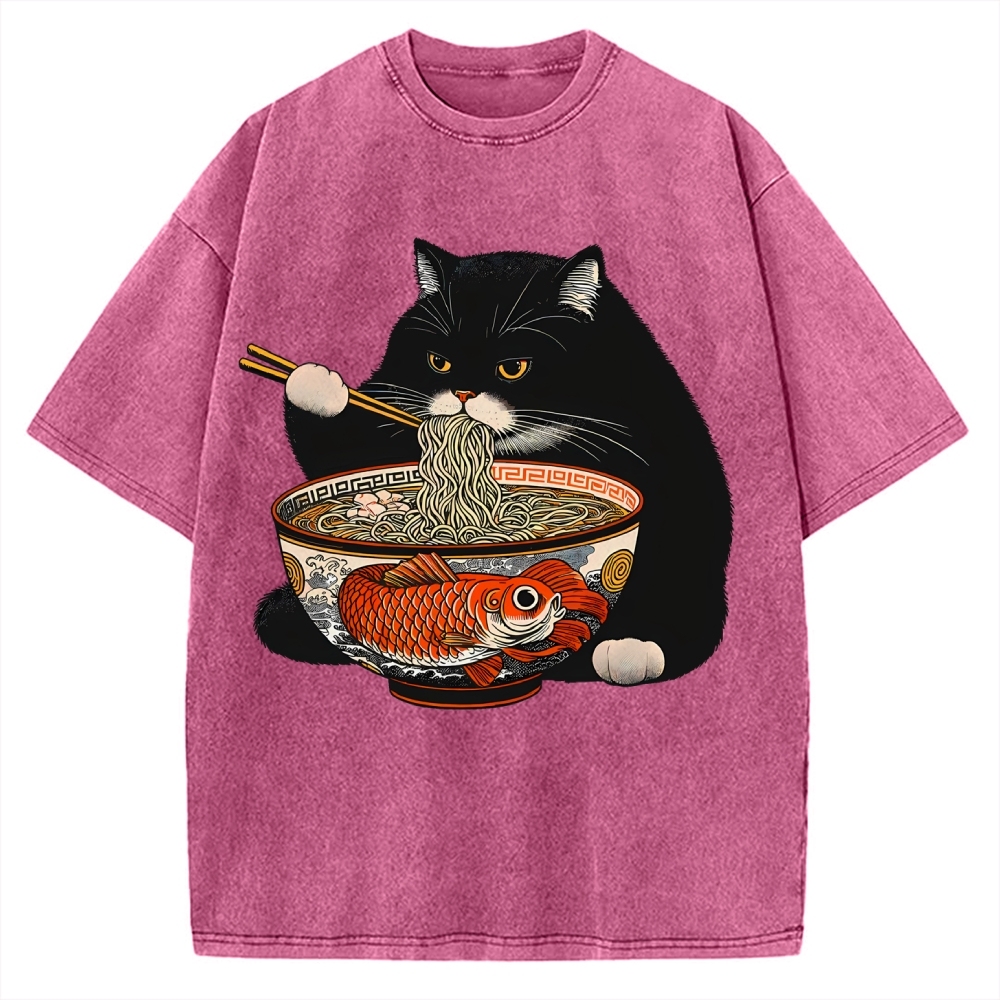 Fat Cat Eating Ramen Vintage Washed T-shirt