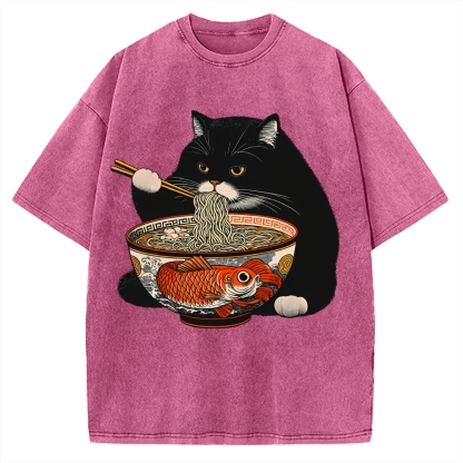 Fat Cat Eating Ramen Vintage Washed T-shirt
