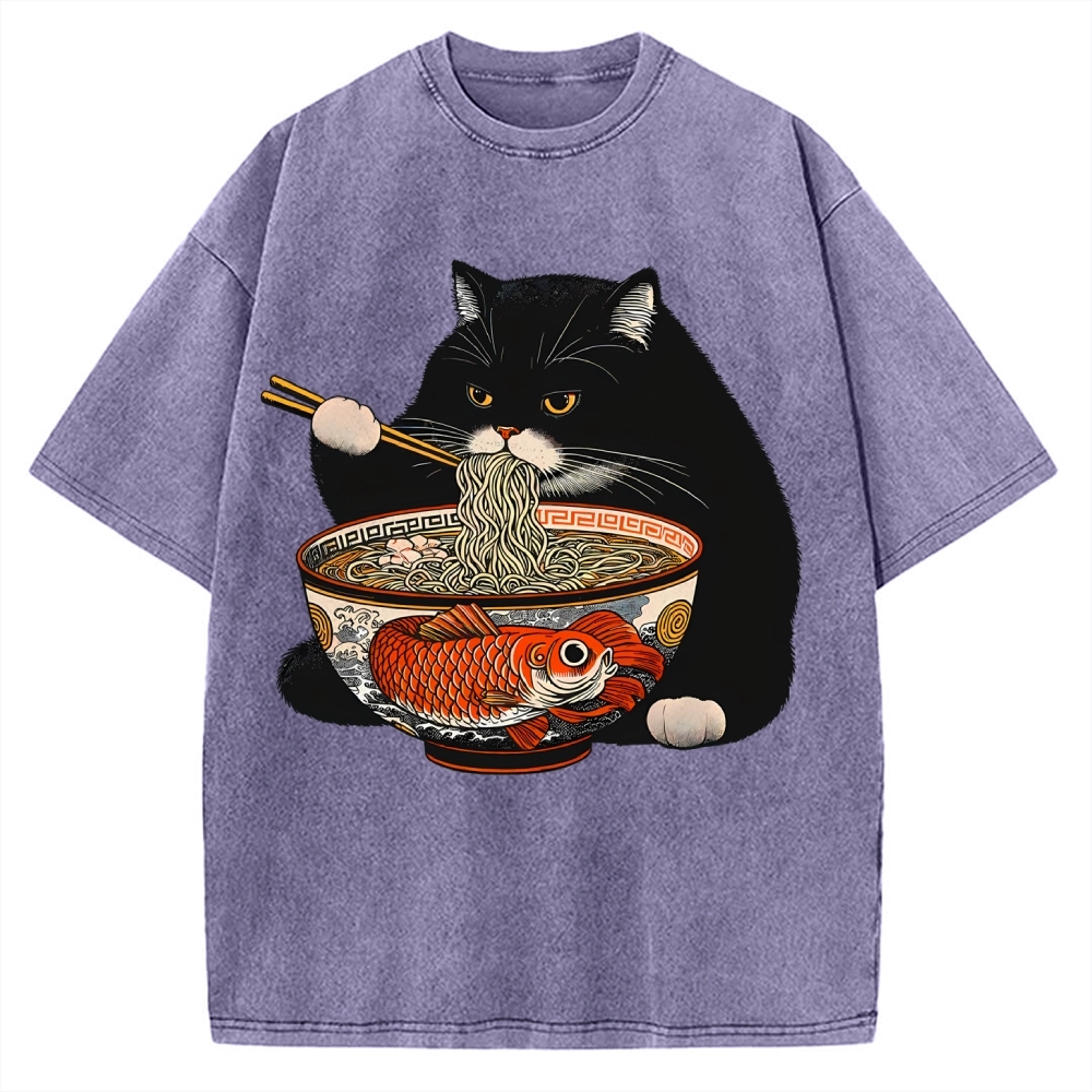 Fat Cat Eating Ramen Vintage Washed T-shirt