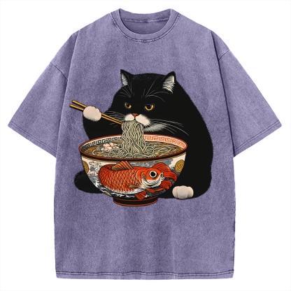 Fat Cat Eating Ramen Vintage Washed T-shirt