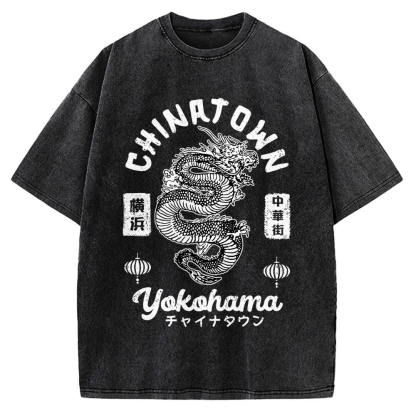 Yokohama Japan Chinese Dragon Vintage Washed T-shirt