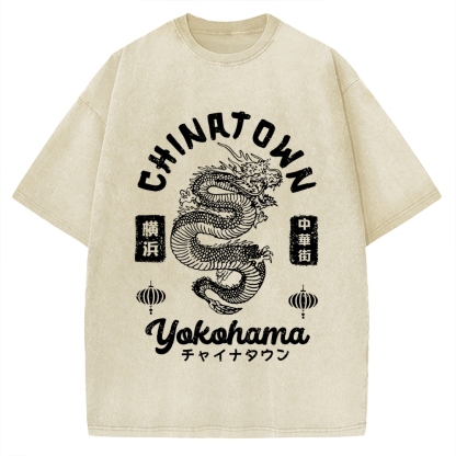 Yokohama Japan Chinese Dragon Vintage Washed T-shirt