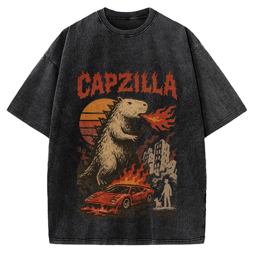 Capzilla Funny Capybara Monster Vintage Washed T-shirt