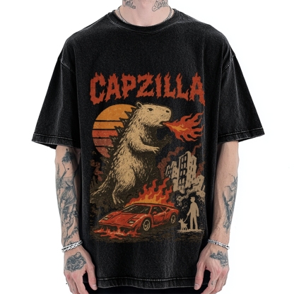 Capzilla Funny Capybara Monster Vintage Washed T-shirt