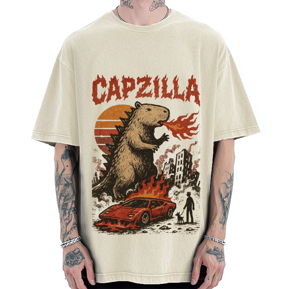 Capzilla Funny Capybara Monster Vintage Washed T-shirt