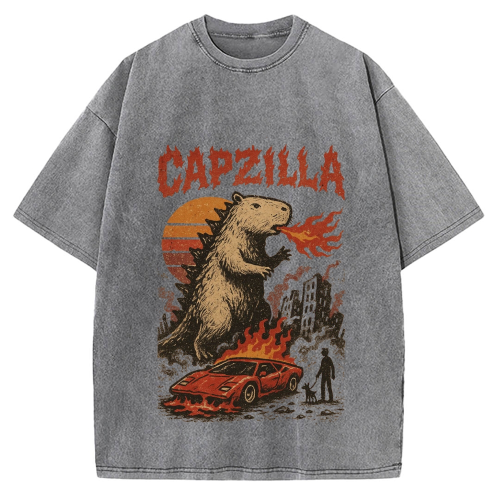Capzilla Funny Capybara Monster Vintage Washed T-shirt