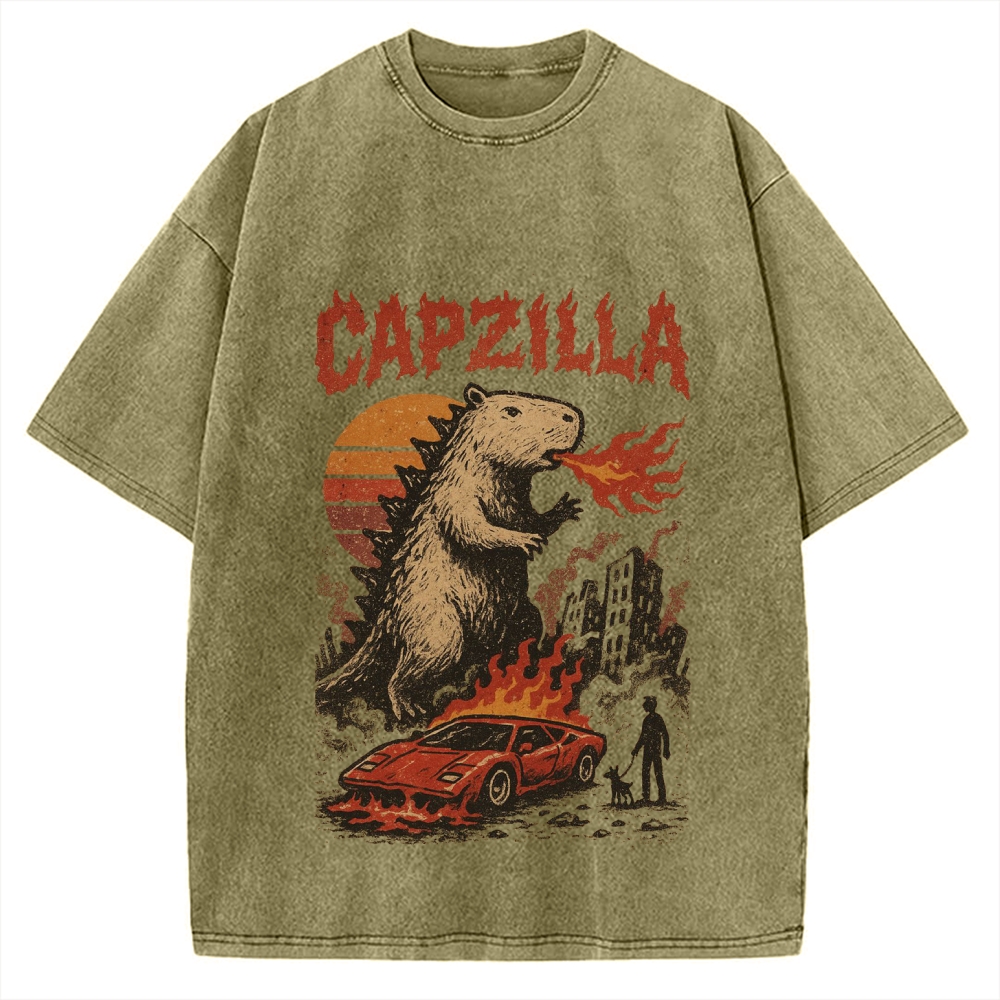 Capzilla Funny Capybara Monster Vintage Washed T-shirt