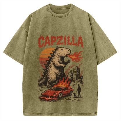 Capzilla Funny Capybara Monster Vintage Washed T-shirt